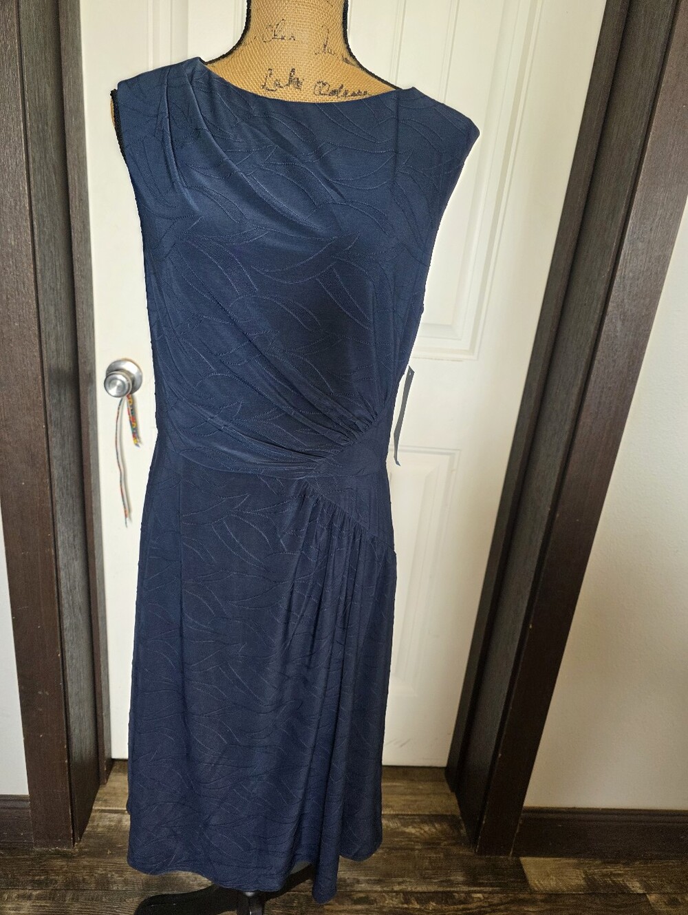 London Times Navy Textured Sleeveless Midi Dress - Classic Women's Style
